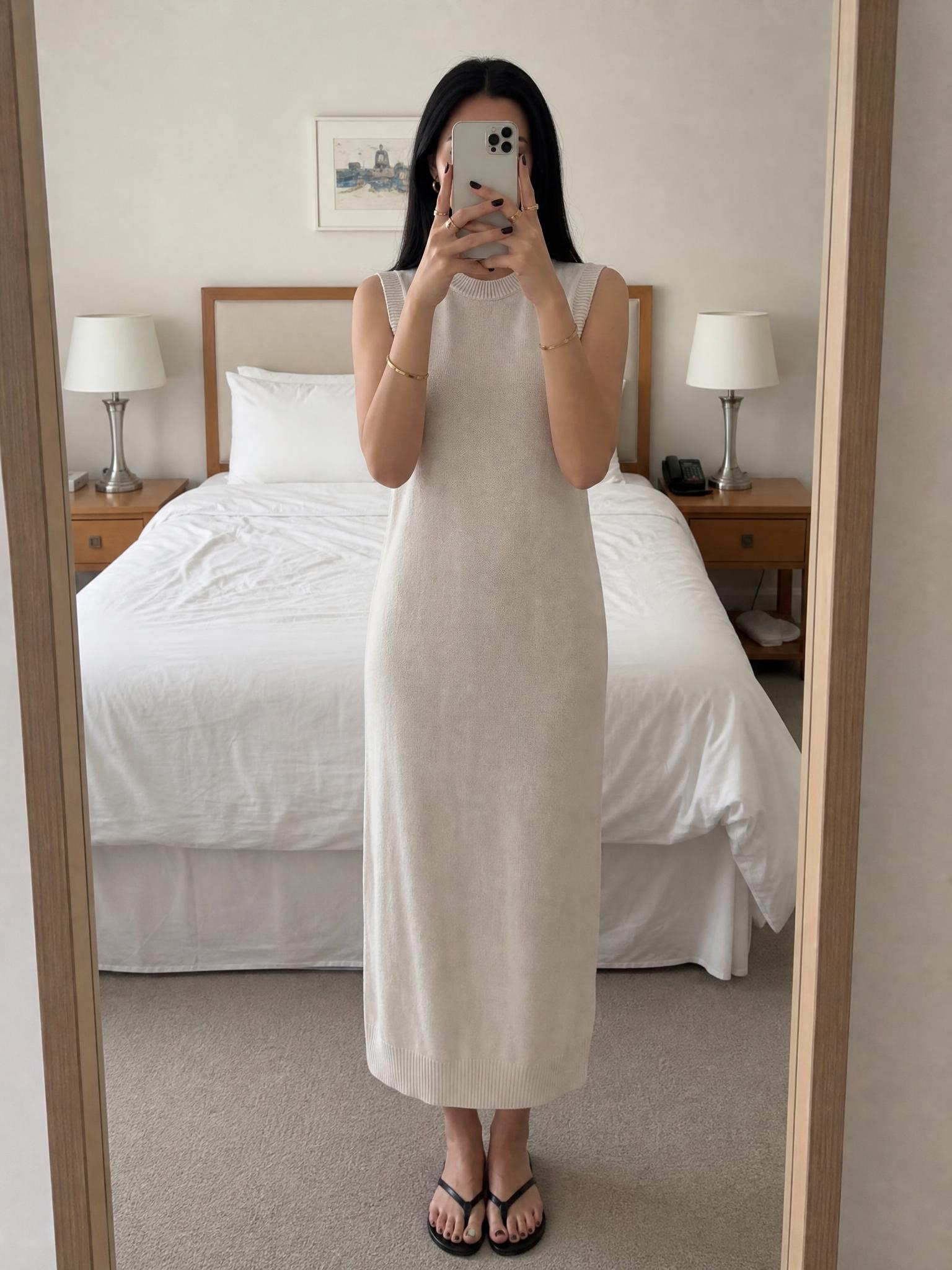Cream Sleeveless Knitted Midi Dress with Ribbed Trim – Very Good