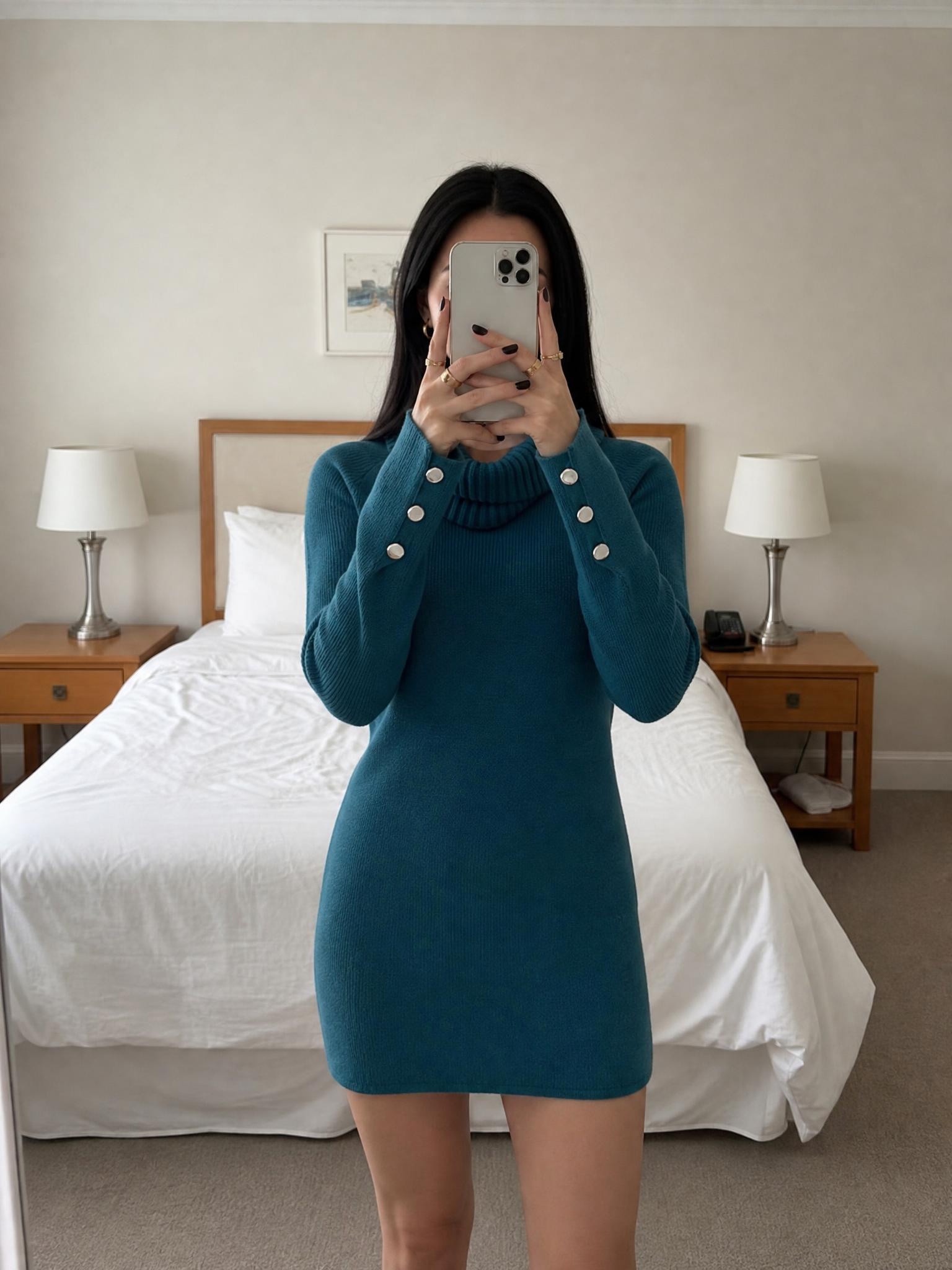 Teal Knitted Jumper Dress with Cowl Neck & Button Cuffs