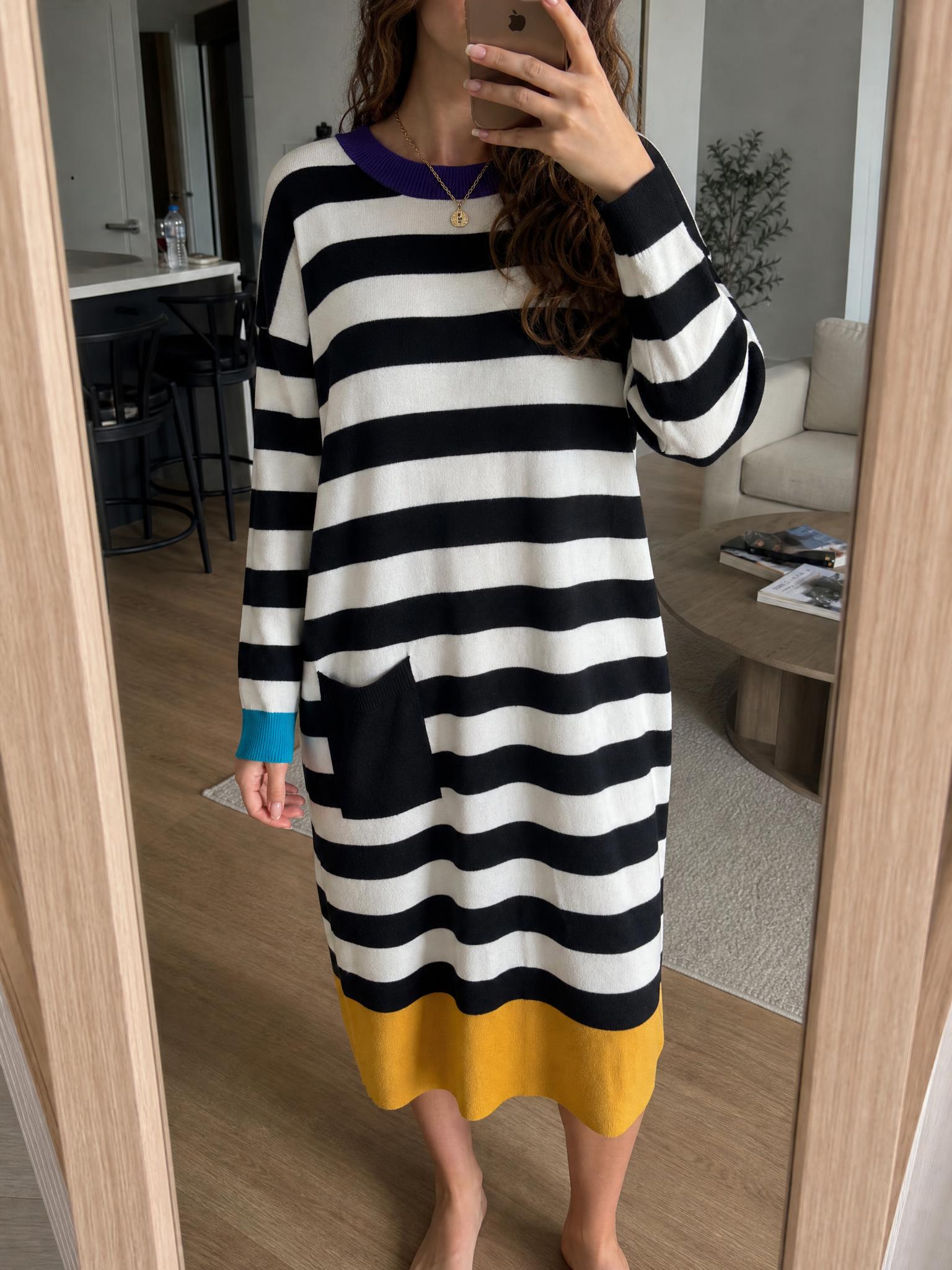 Striped knit midi dress with purple collar and yellow hem
