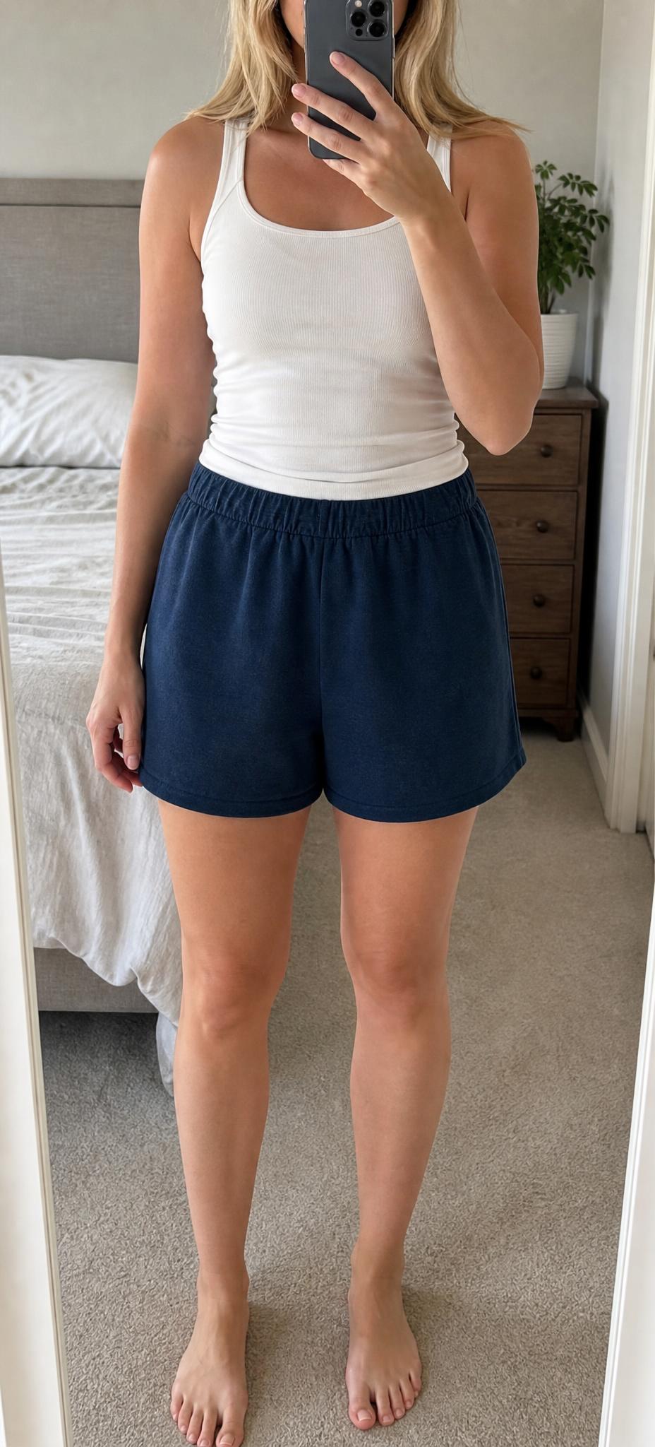 Dark navy pull-on shorts with elasticated waist – very good
