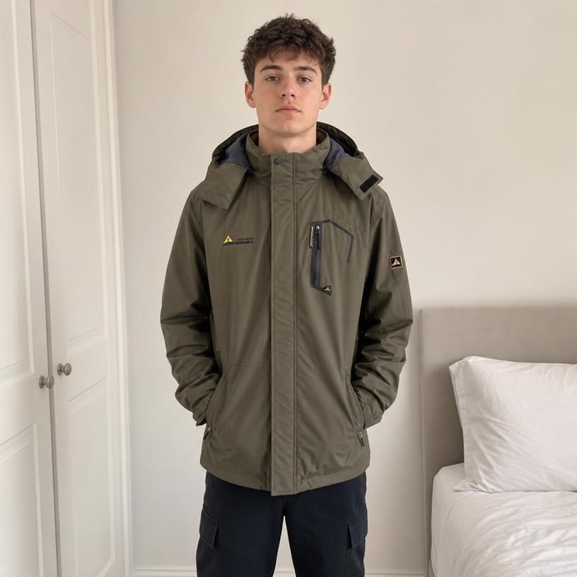 Olive green hooded outdoor jacket with zipped pockets – very good