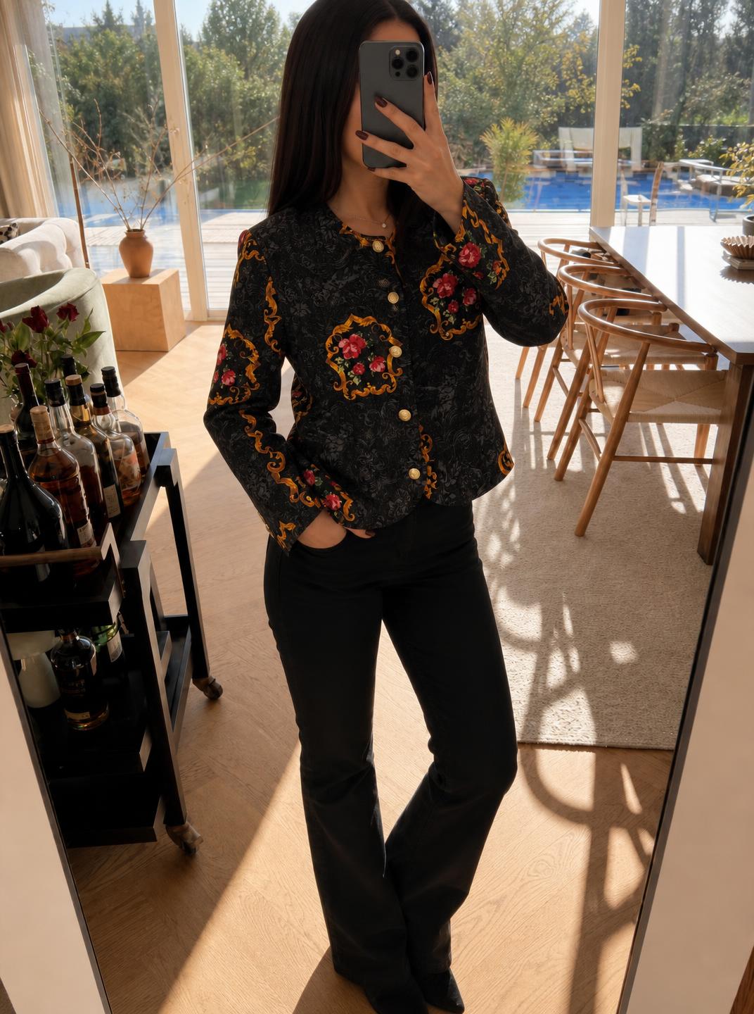 Ornate Baroque Floral Quilted Jacket with Gold Buttons