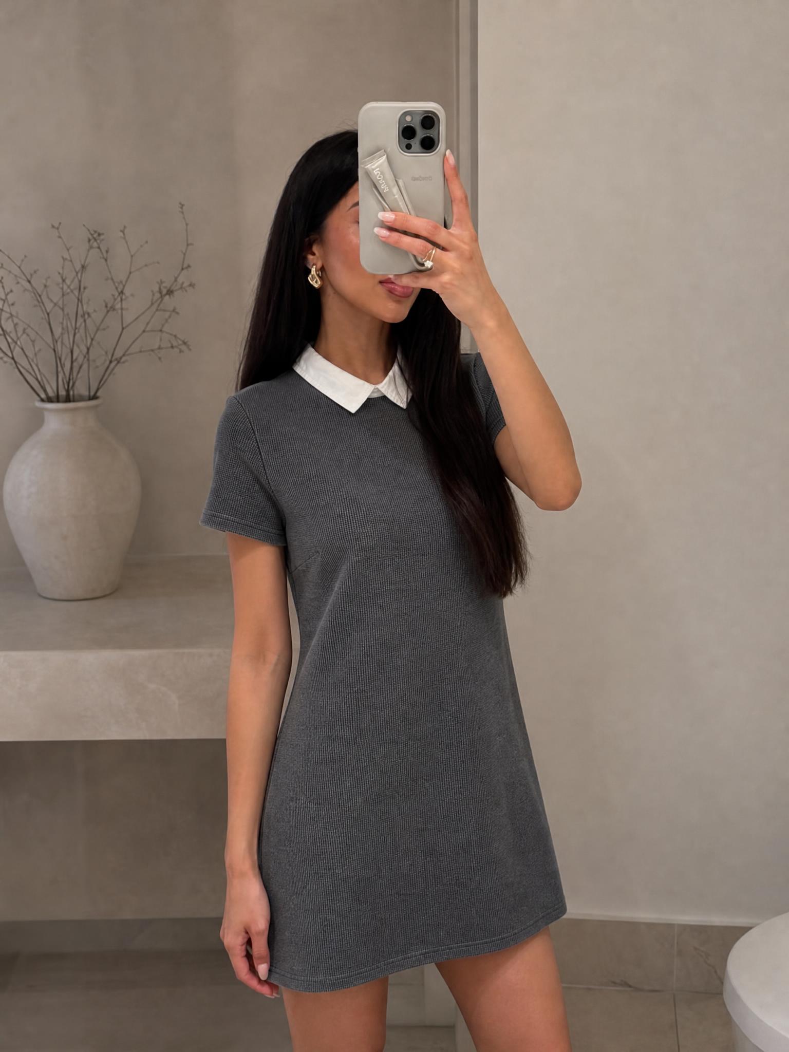 Charcoal Grey Shift Dress with White Collar & Pockets