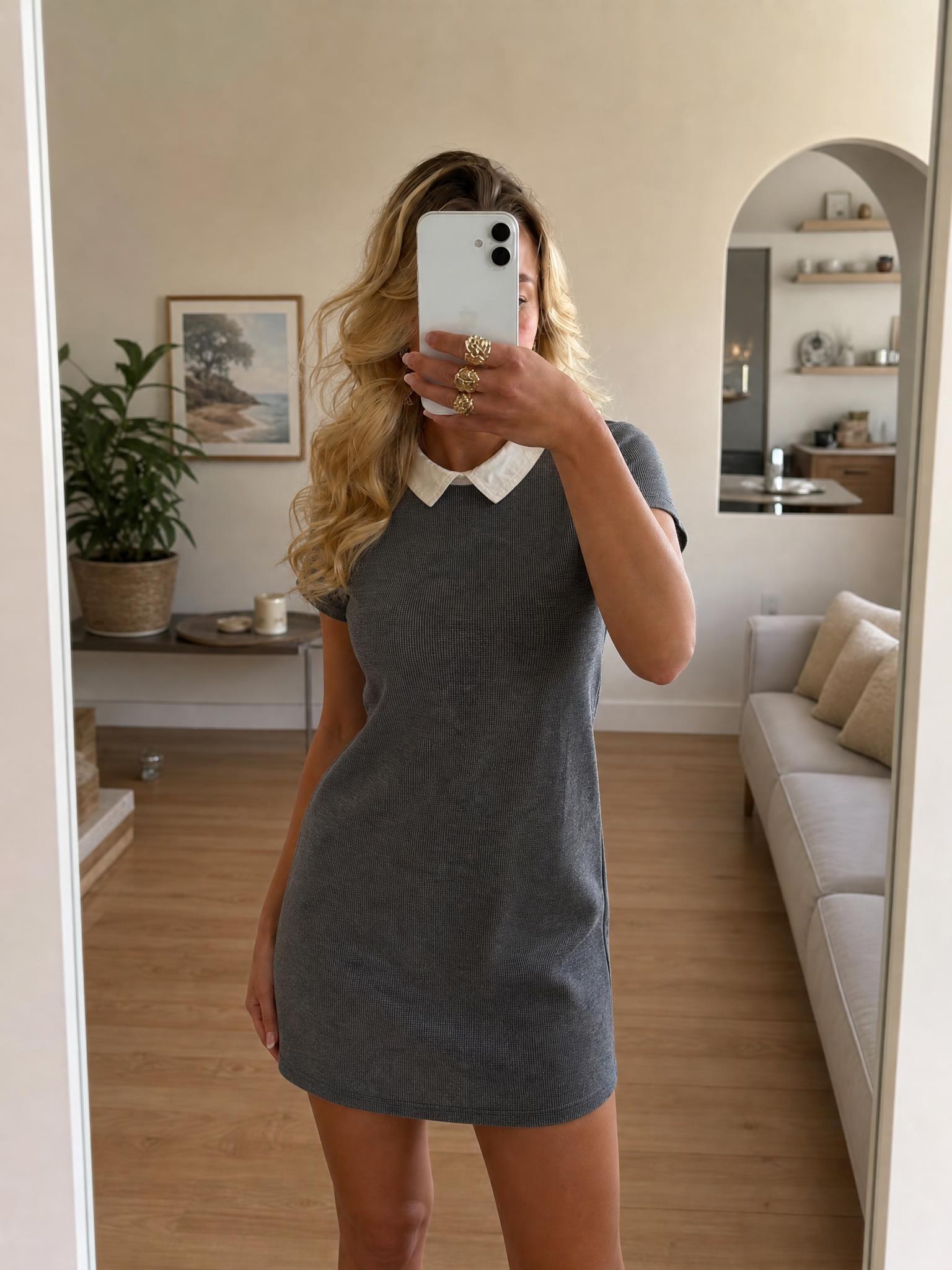 Charcoal Grey Shift Dress with White Peter Pan Collar