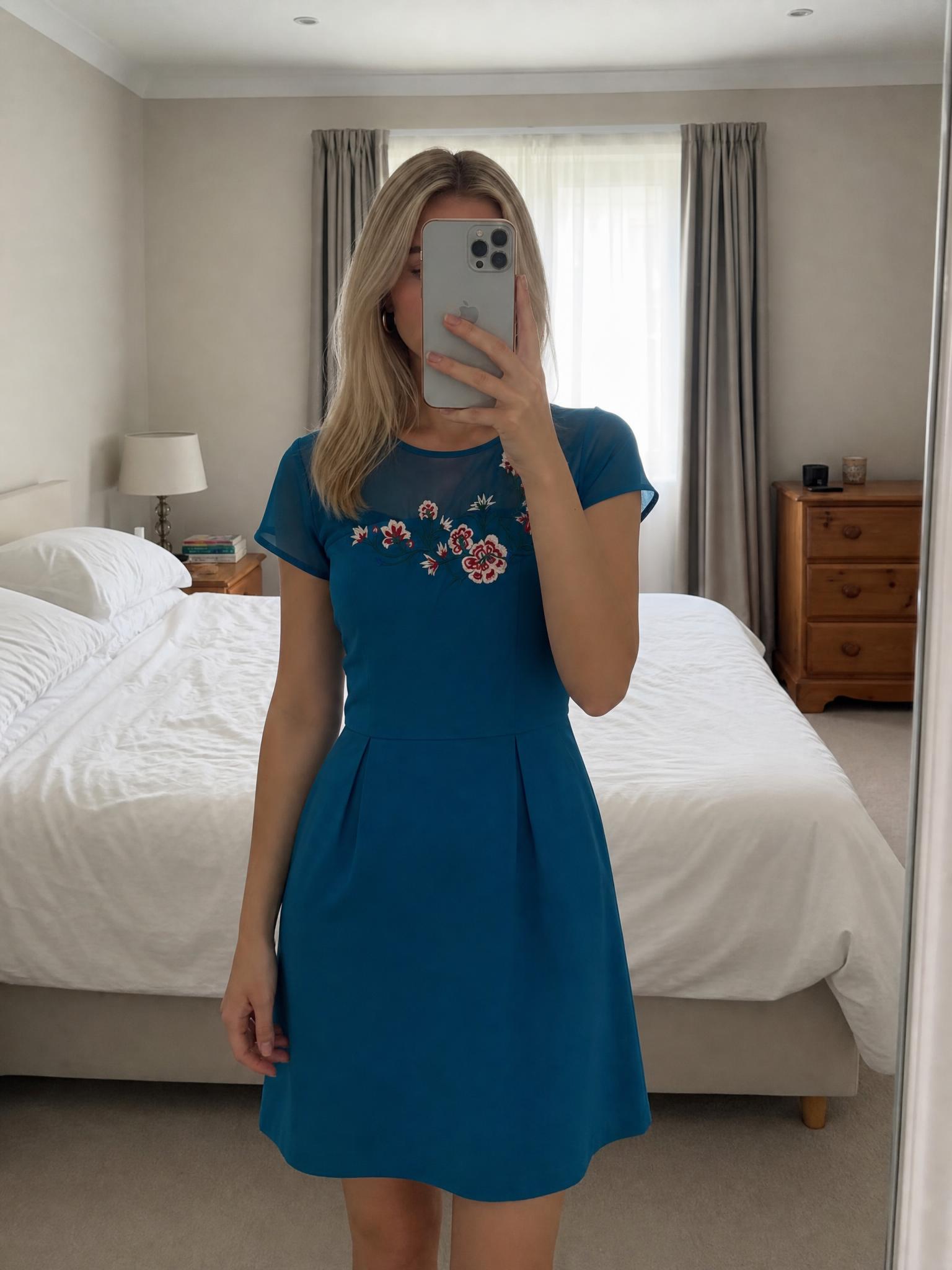 Teal embroidered floral skater dress with pockets – very good