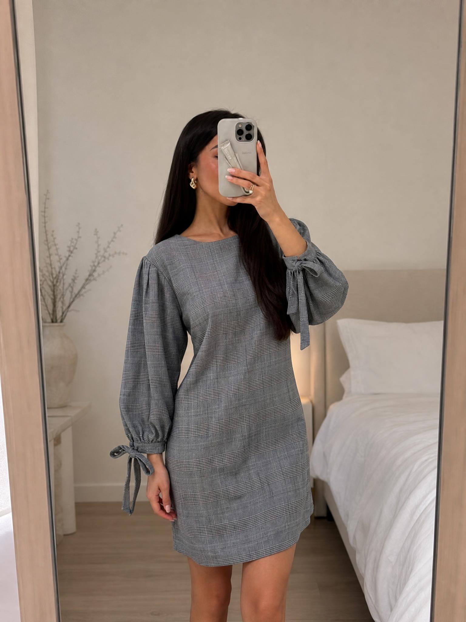 Grey Plaid Check Dress with Puff Sleeves and Tie Waist