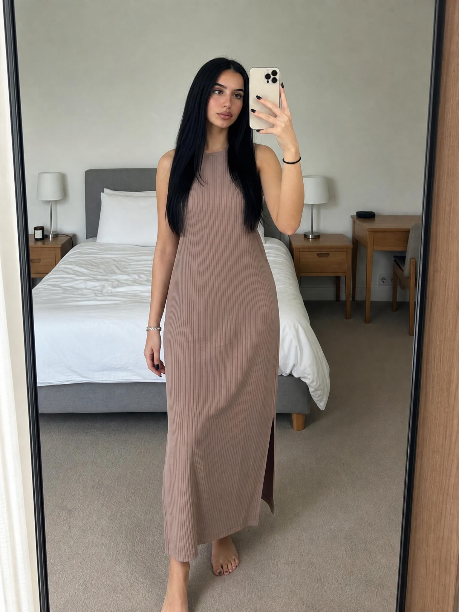 Dusty rose ribbed sleeveless maxi dress with side slits