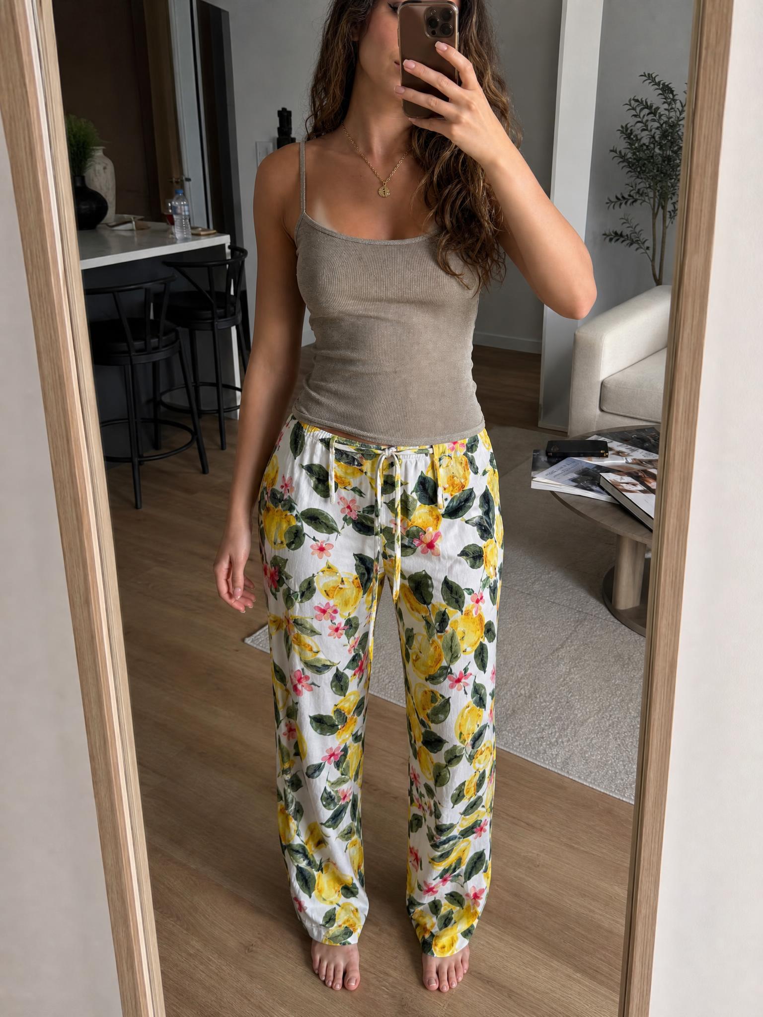 Lemon Print Wide-Leg Jumpsuit with Floral Detail