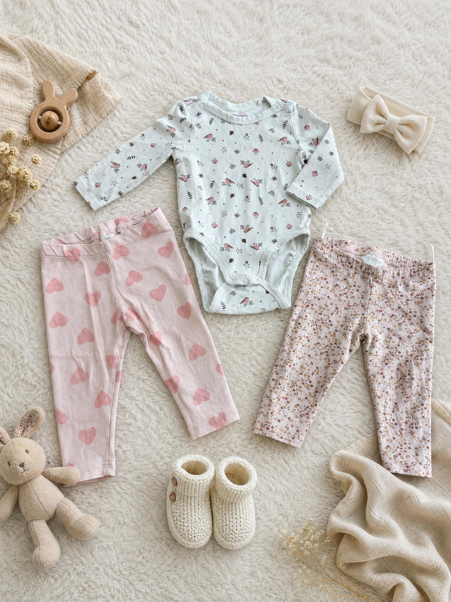 C&A baby 3-piece outfit set – floral, hearts & bird prints