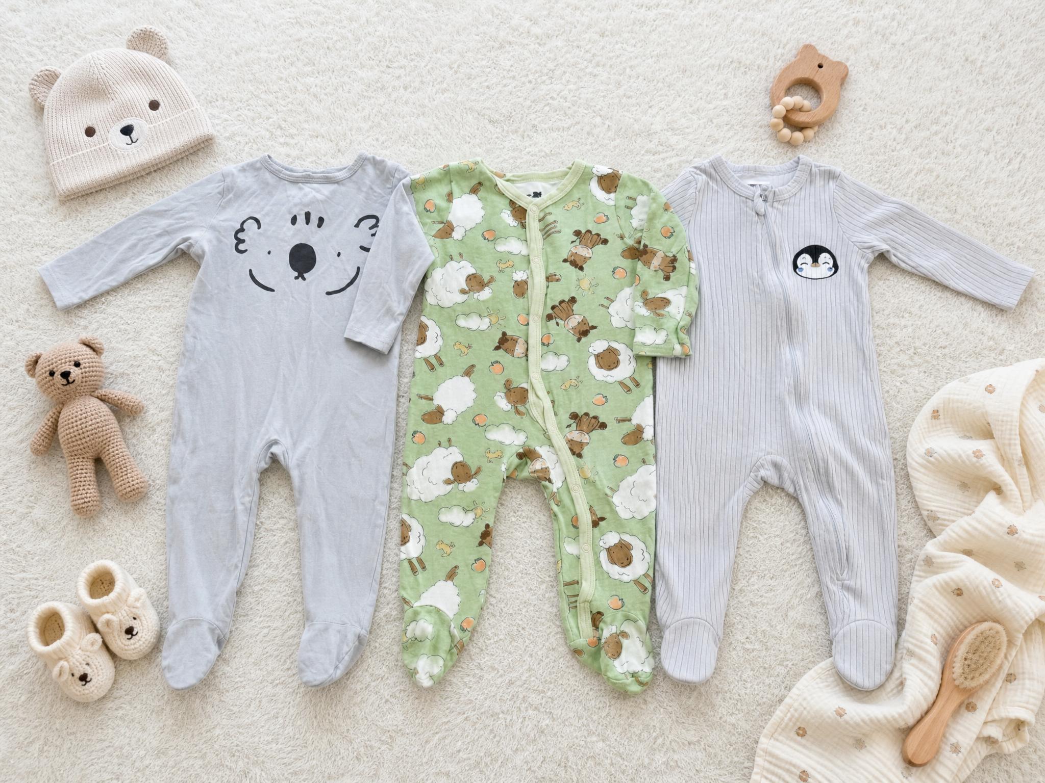 3 Baby Sleepsuits Bundle – Footed Grey & Green Animal Prints