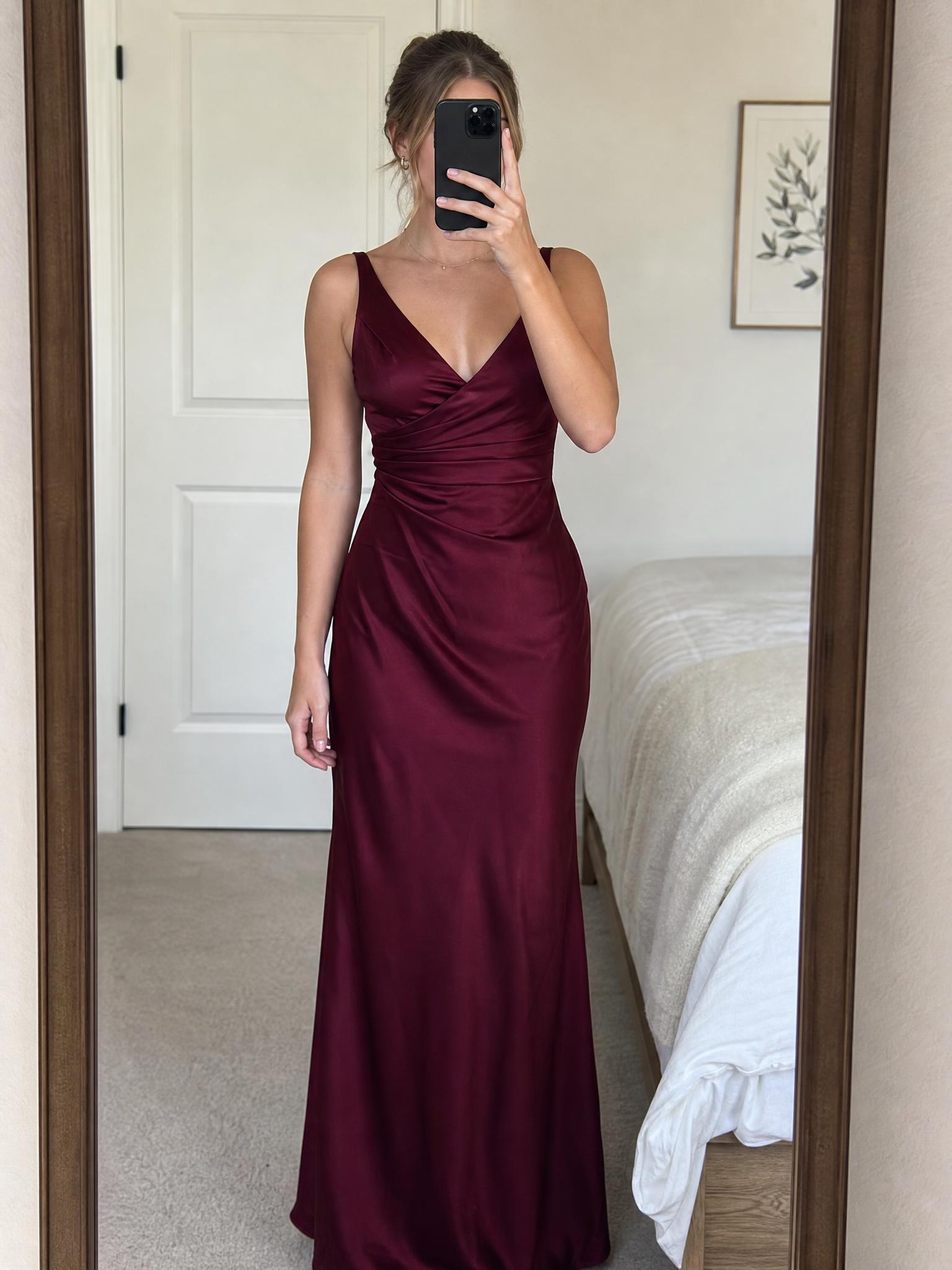 Burgundy satin-style ruched maxi dress