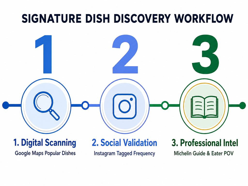A three-step infographic showing how to find a signature dish using Google Maps popular dishes, Instagram frequency, and Michelin Guide reviews.