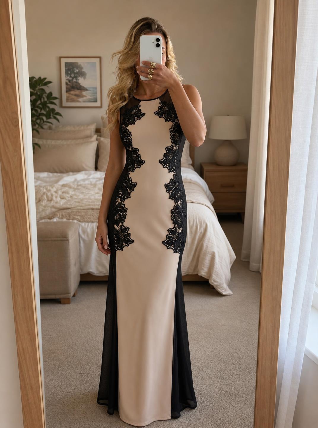 Black Lace Mesh Overlay Maxi Dress with Nude Lining