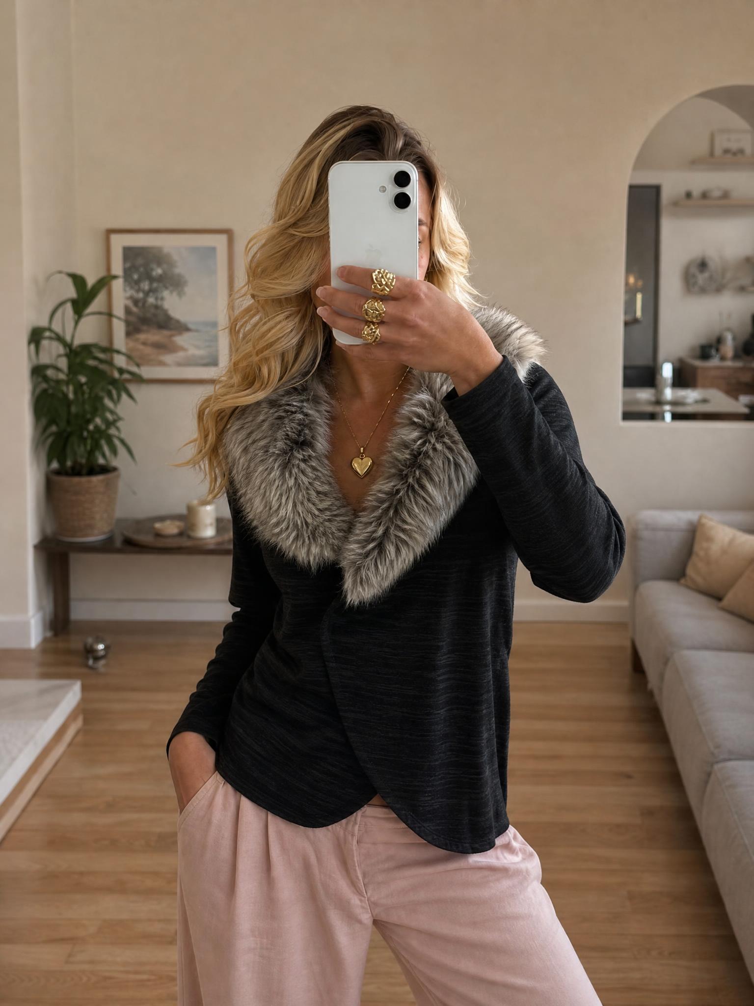 Longline black cardigan coat with oversized faux-fur collar