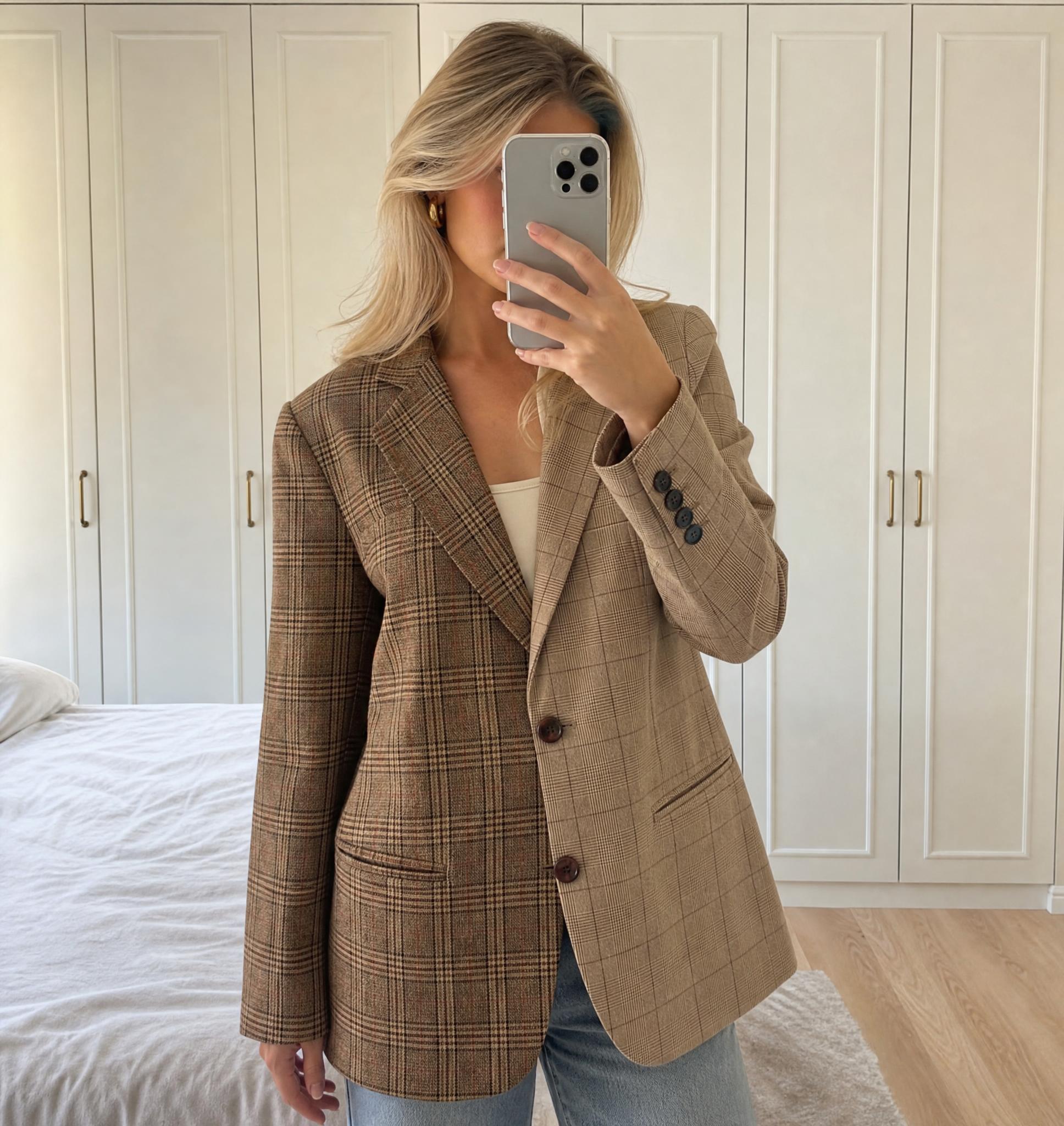 Taupe Brown Checked Tailored Blazer – Classic Fit