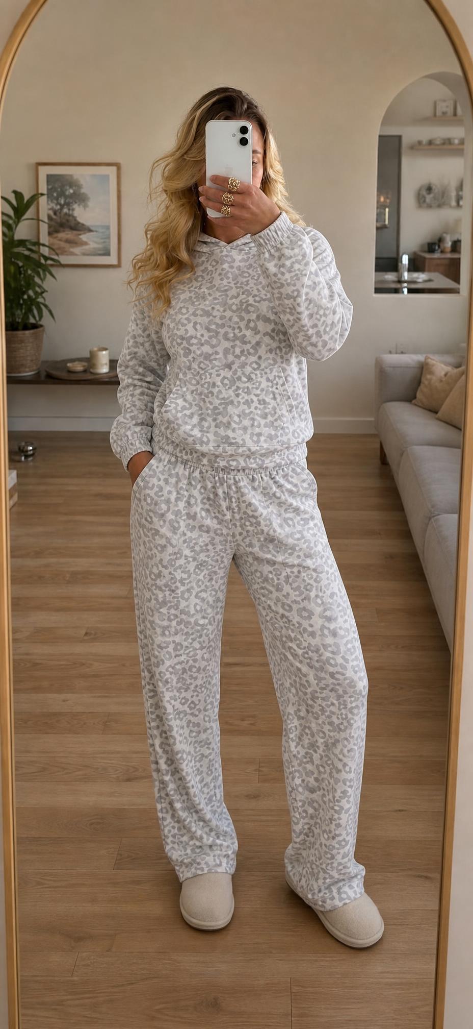 Grey Leopard Print Hooded Tracksuit Set