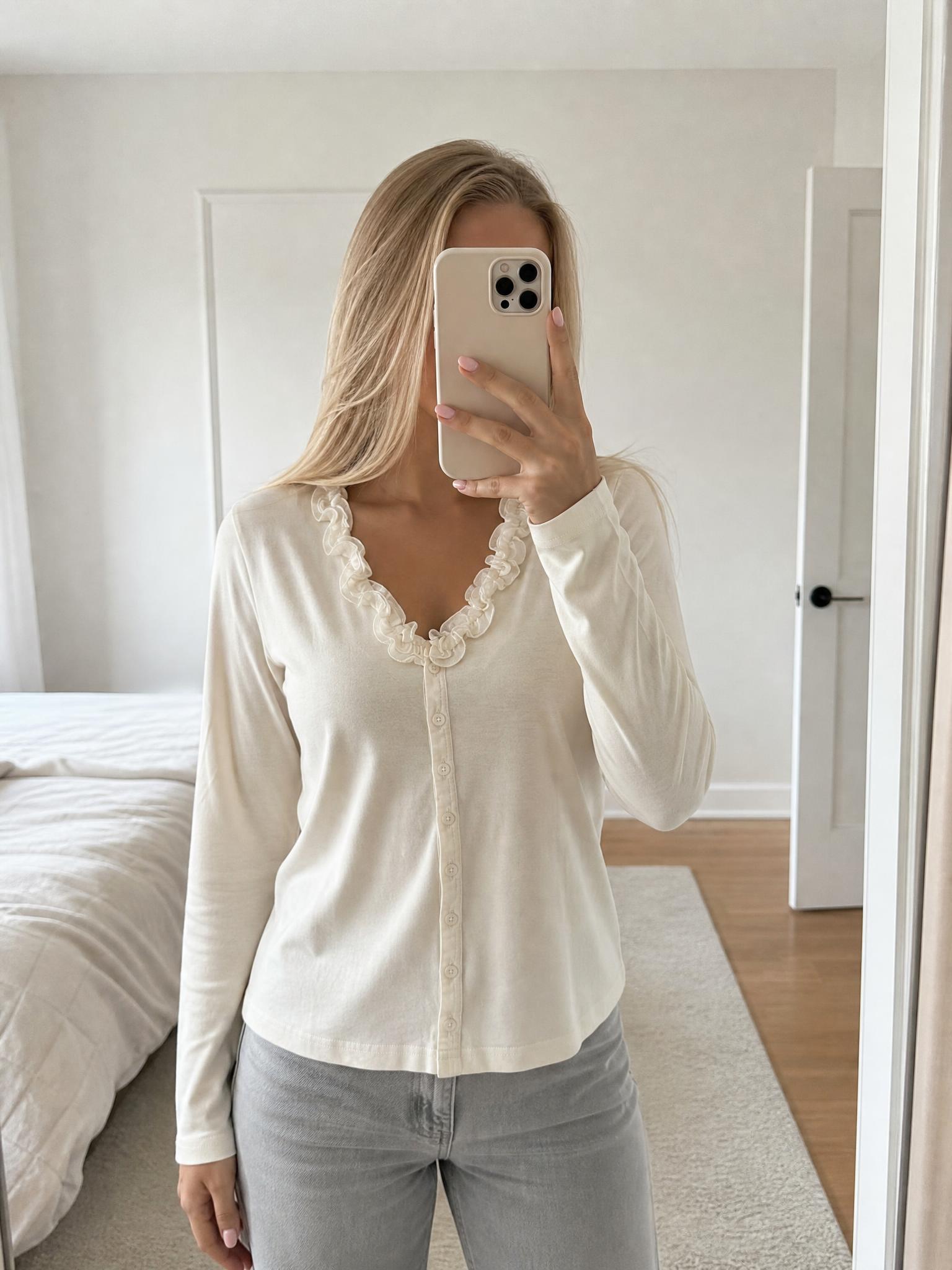 Street One Cream Ruffle Trim Button Cardigan