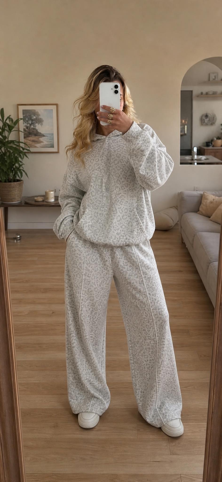 Silver Grey Leopard Print Hoodie & Wide-Leg Trouser Set