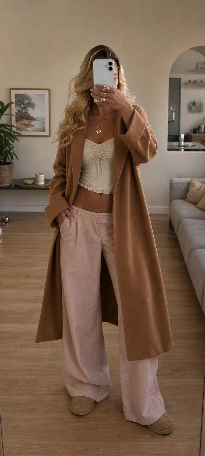 Camel Longline Overcoat with Wide Lapels – Very Good