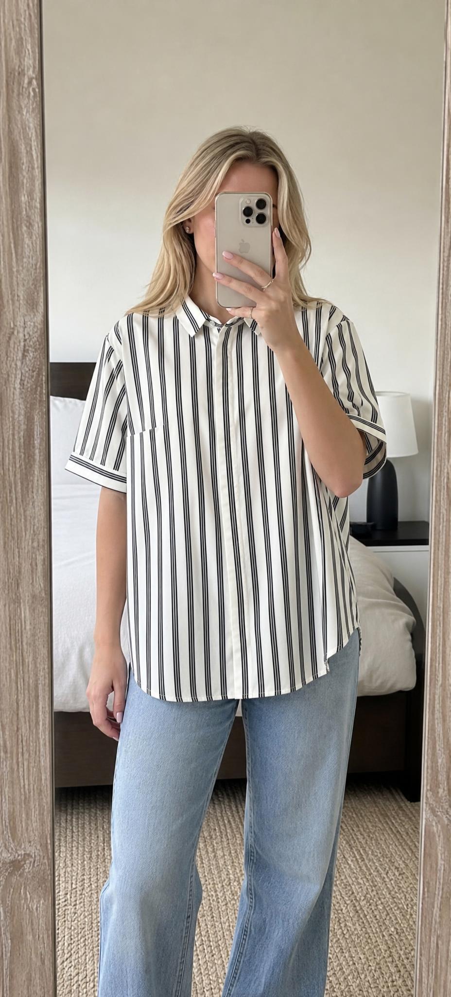 Striped shirt dress with curved hem and 3/4 sleeves