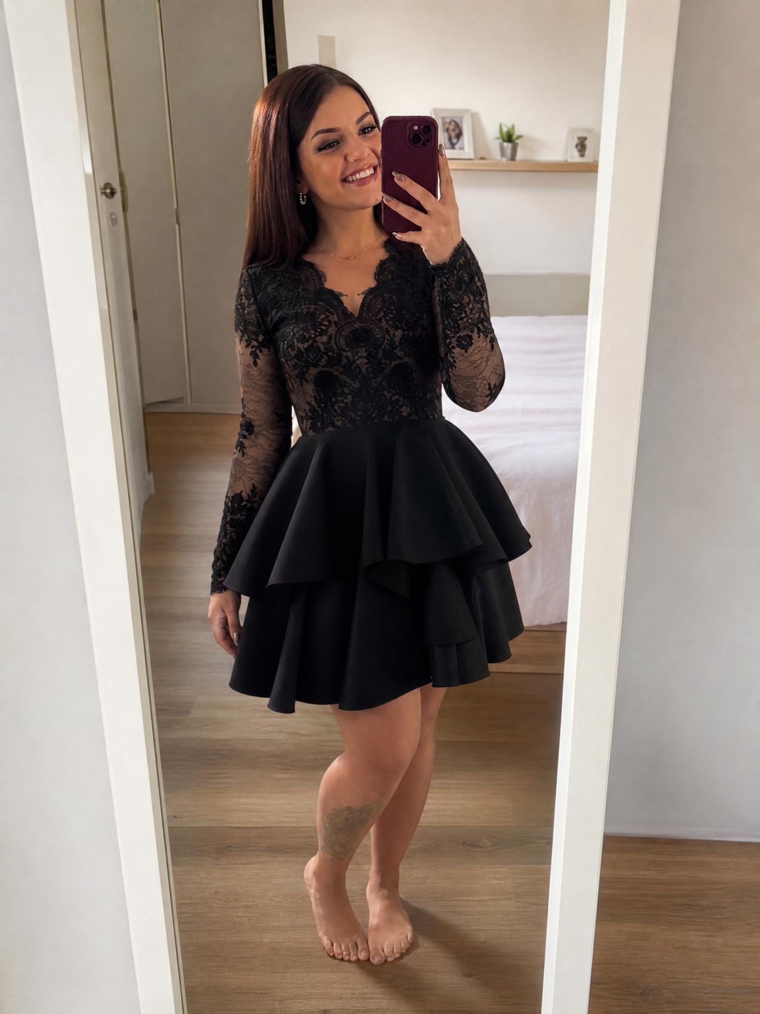 Black Lace Long Sleeve Skater Dress – Very Good Condition