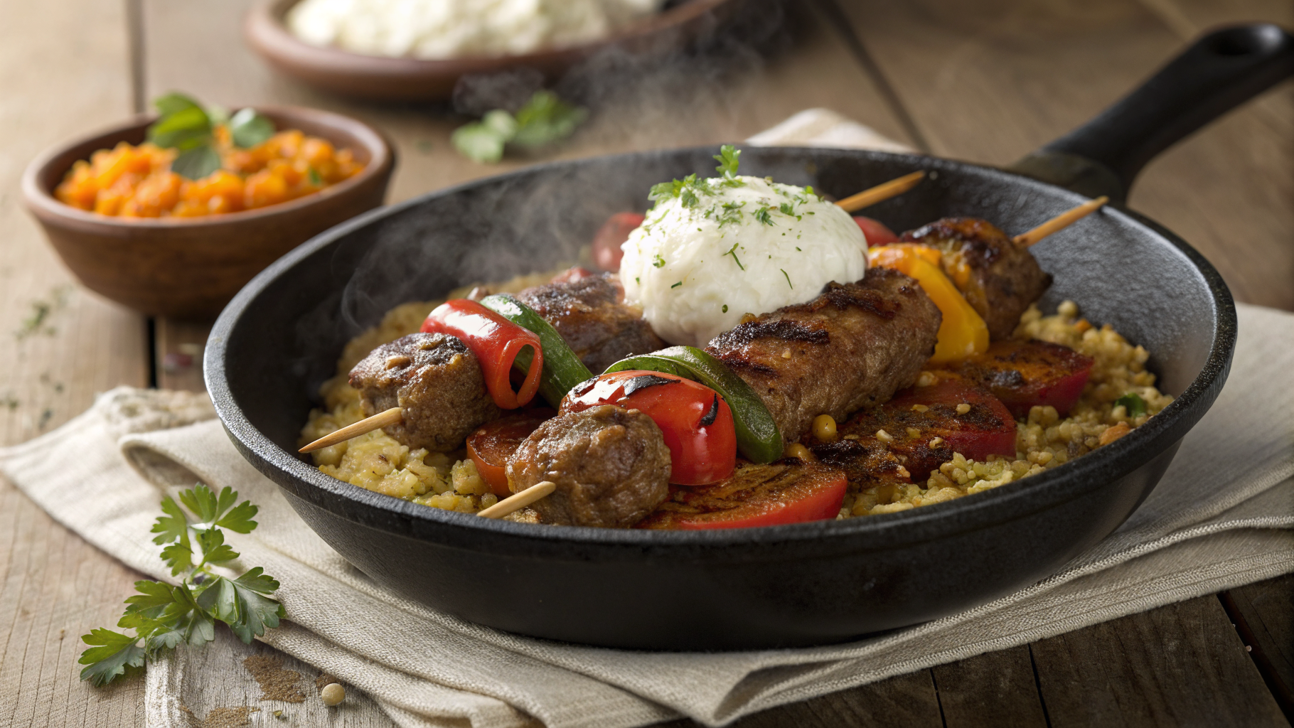 Spiced lamb and bulgur kebab with tomato butter sizzling in a skillet, served with grilled peppers and yogurt.