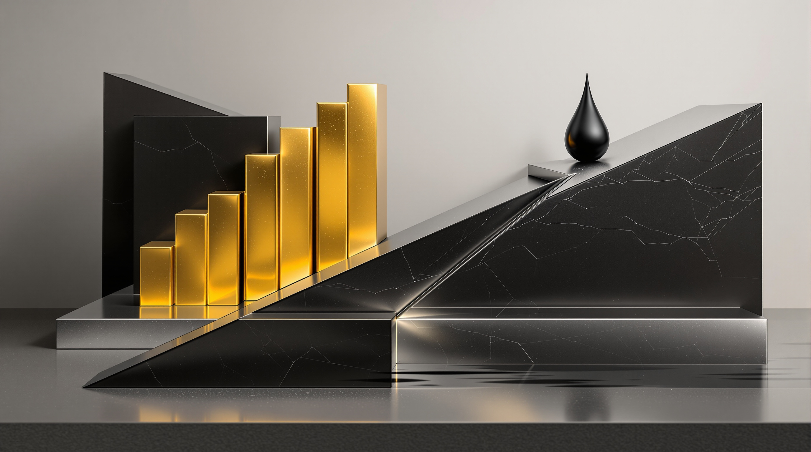 A minimalist still life of ascending polished gold bars and a large black oil droplet on a reflective silver-blue channel between dark monolithic plan — editorial cover artwork for the Knightron story on US Equities Advance As Tech Steadies; Oil Slides On Iran Dip