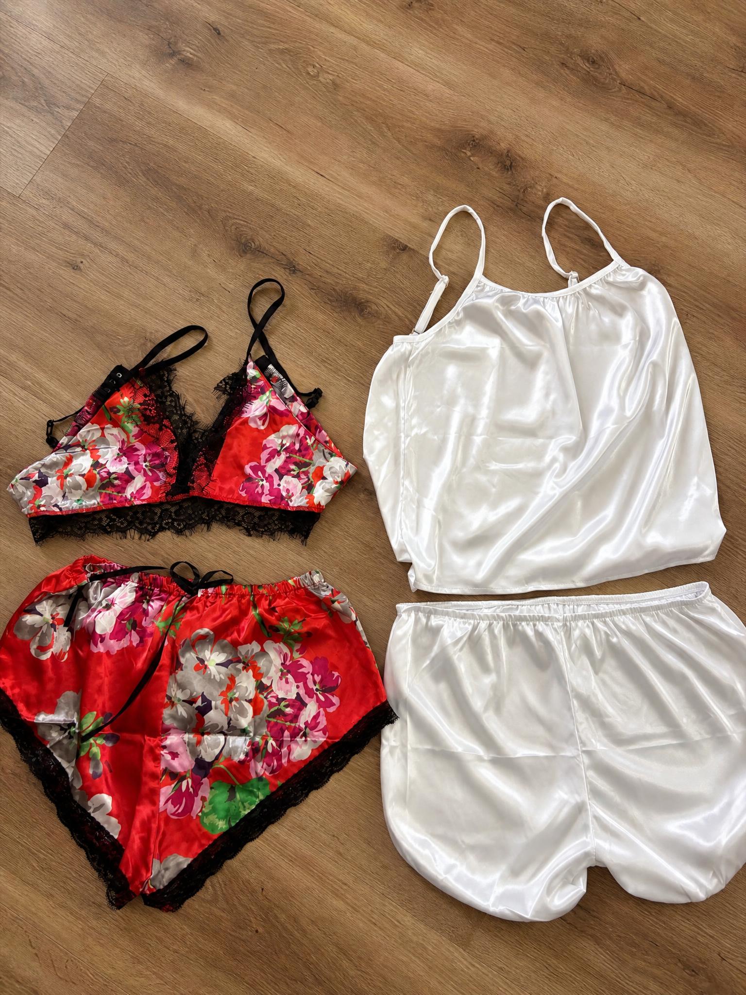 Floral satin lingerie & ivory camisole shorts bundle