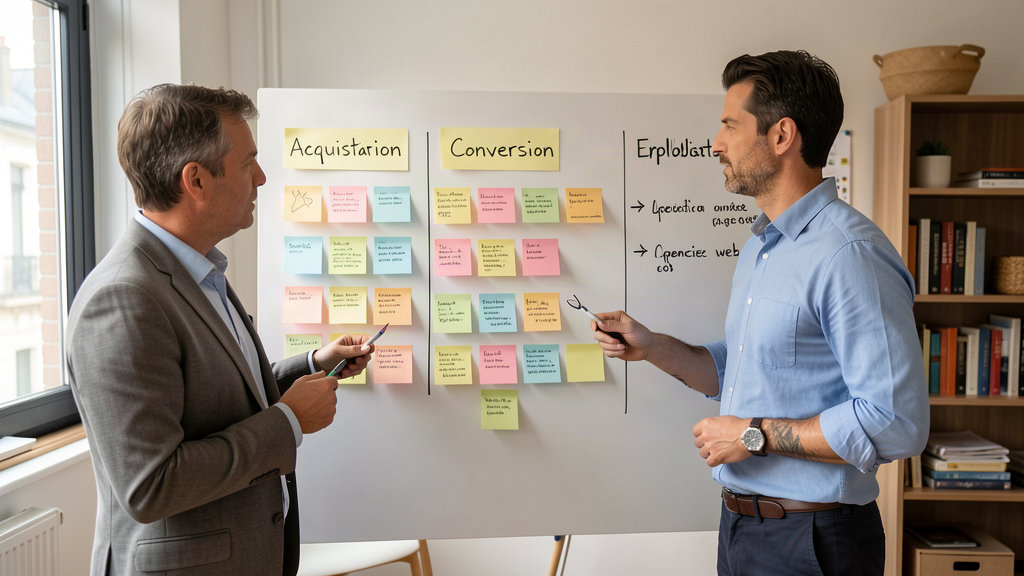 Dirigeants e-commerce comparant acquisition conversion et exploitation avec une agence web
