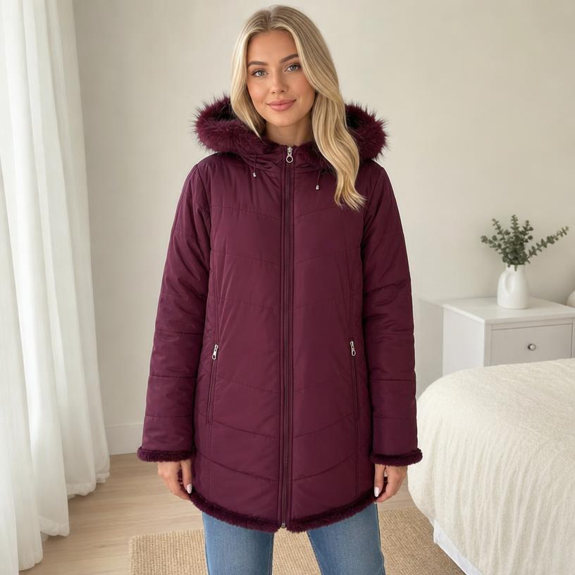 Burgundy padded parka coat with faux-fur hood trim