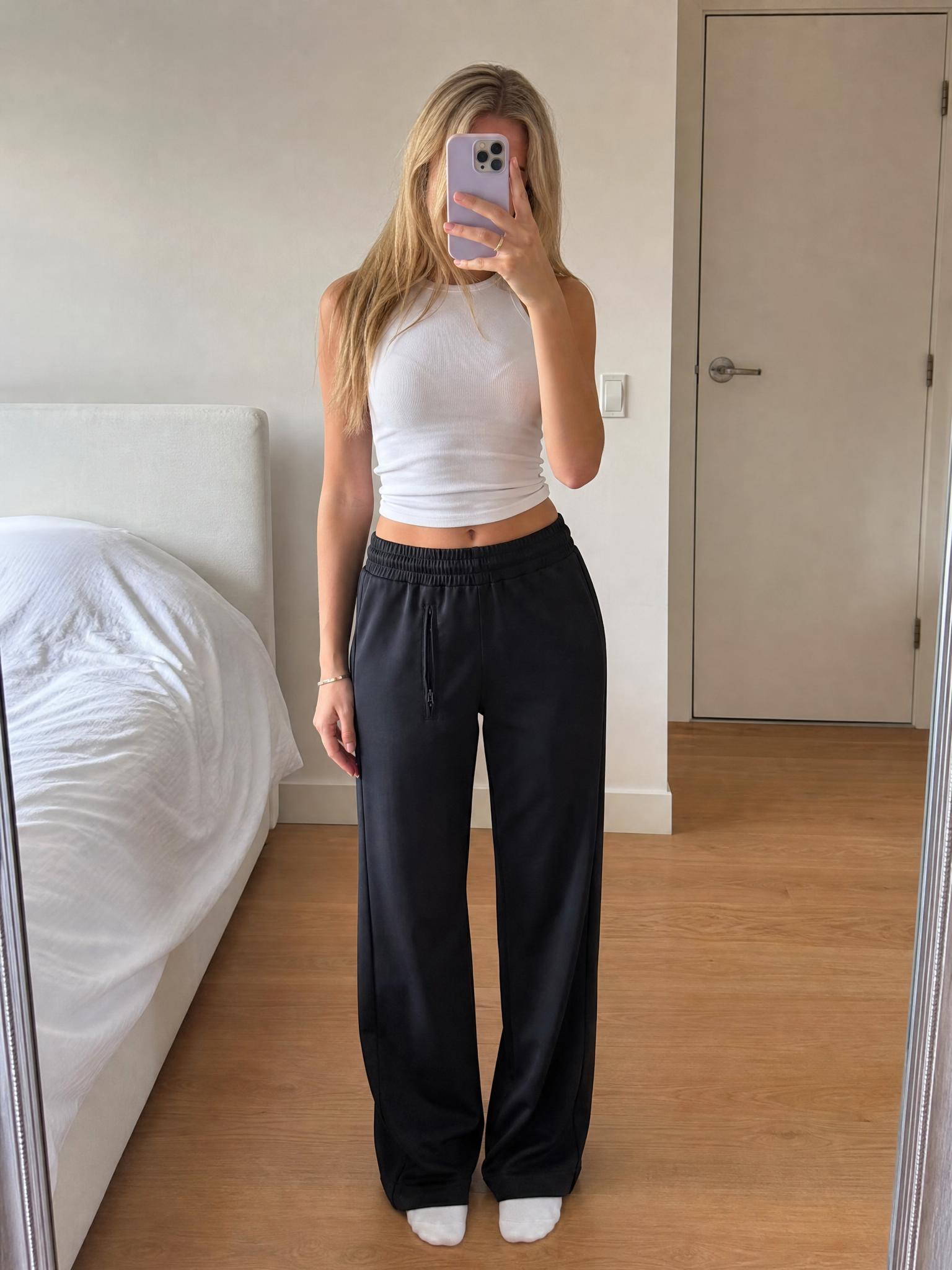 Black Straight-Leg Trousers with Elasticated Waist & Zip Pocket