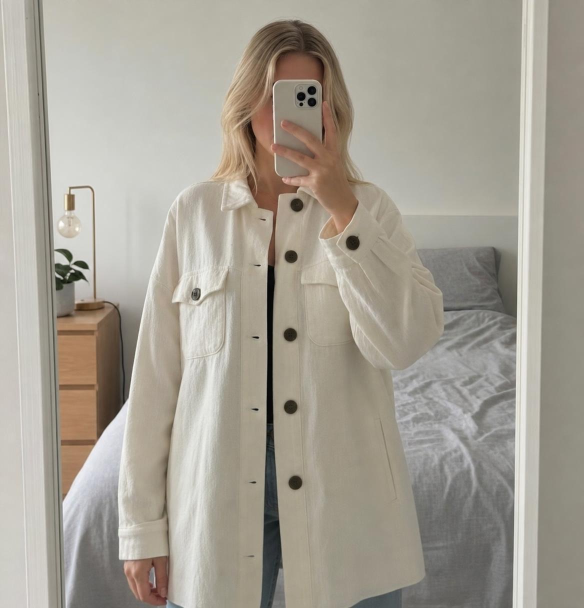 Cream Utility Overshirt Jacket with Black Buttons