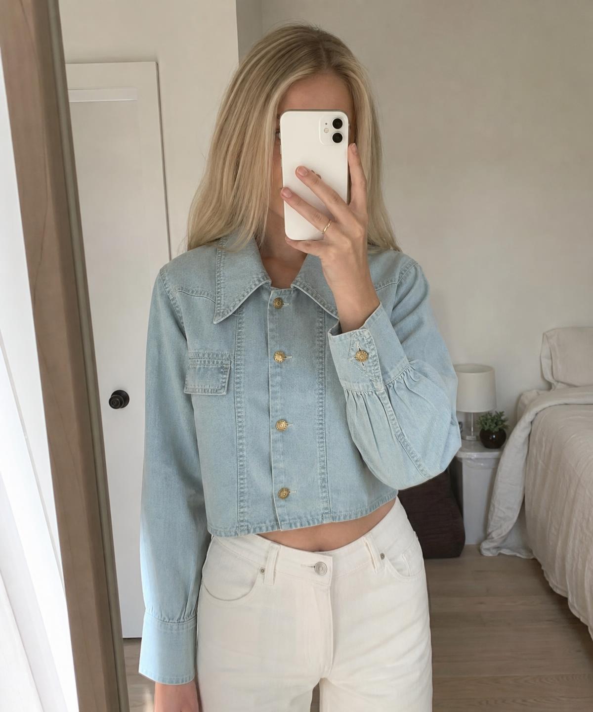 Light Blue Cropped Denim Jacket with Gold Buttons