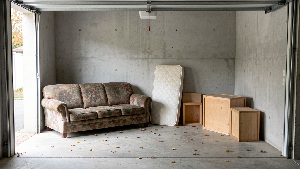 A cluttered residential garage with junk awaiting removal, an old sofa and a leaning mattress against a bare concrete wall, subject-only composition with no text, no lettering, and no logos
