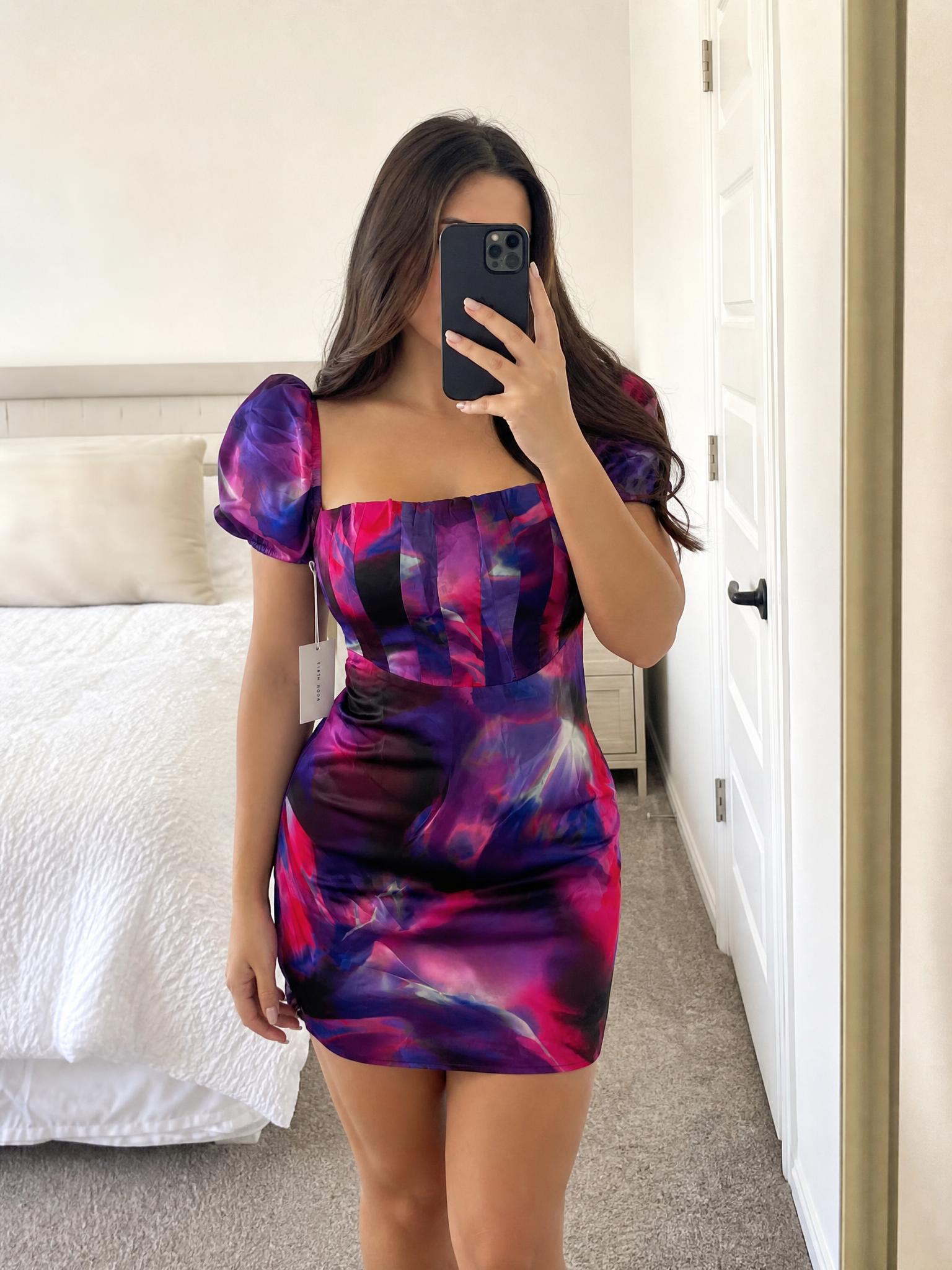Eight Hour Abstract Print Satin-Feel Long Sleeve Dress NWT