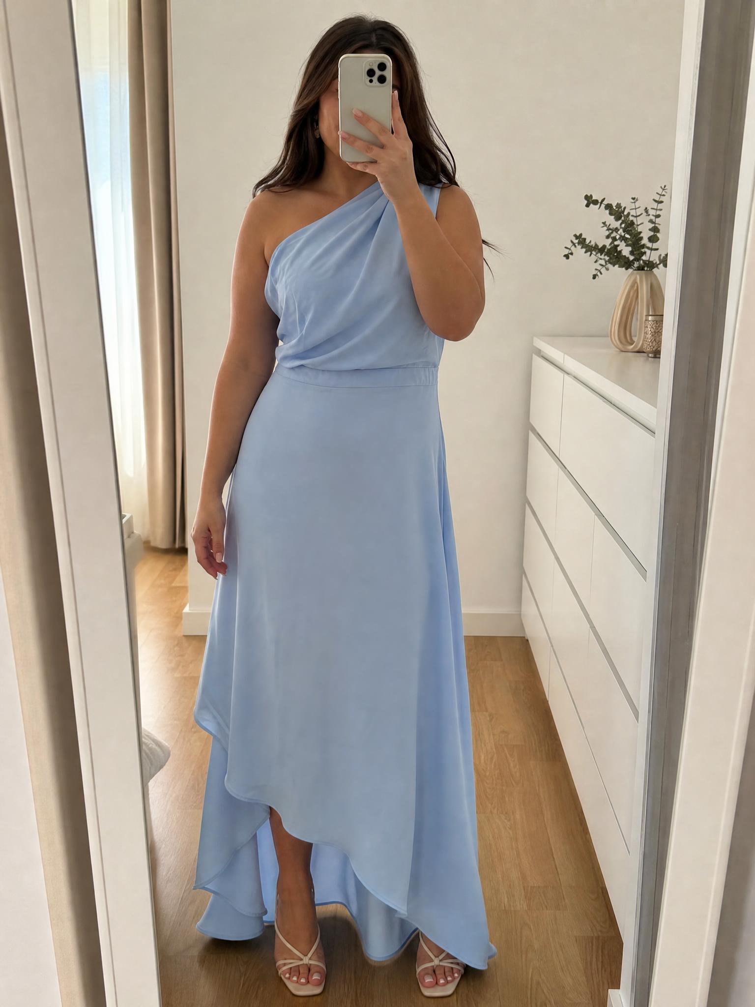 Light Blue Draped Asymmetric Maxi Dress – Very Good