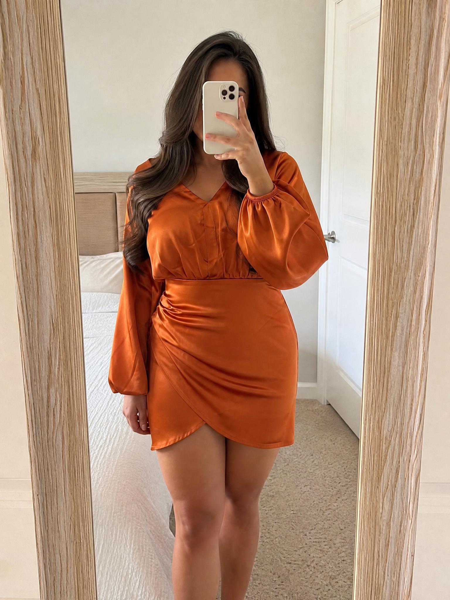 Flounce Burnt Orange Satin-Effect Wrap Mini Dress New