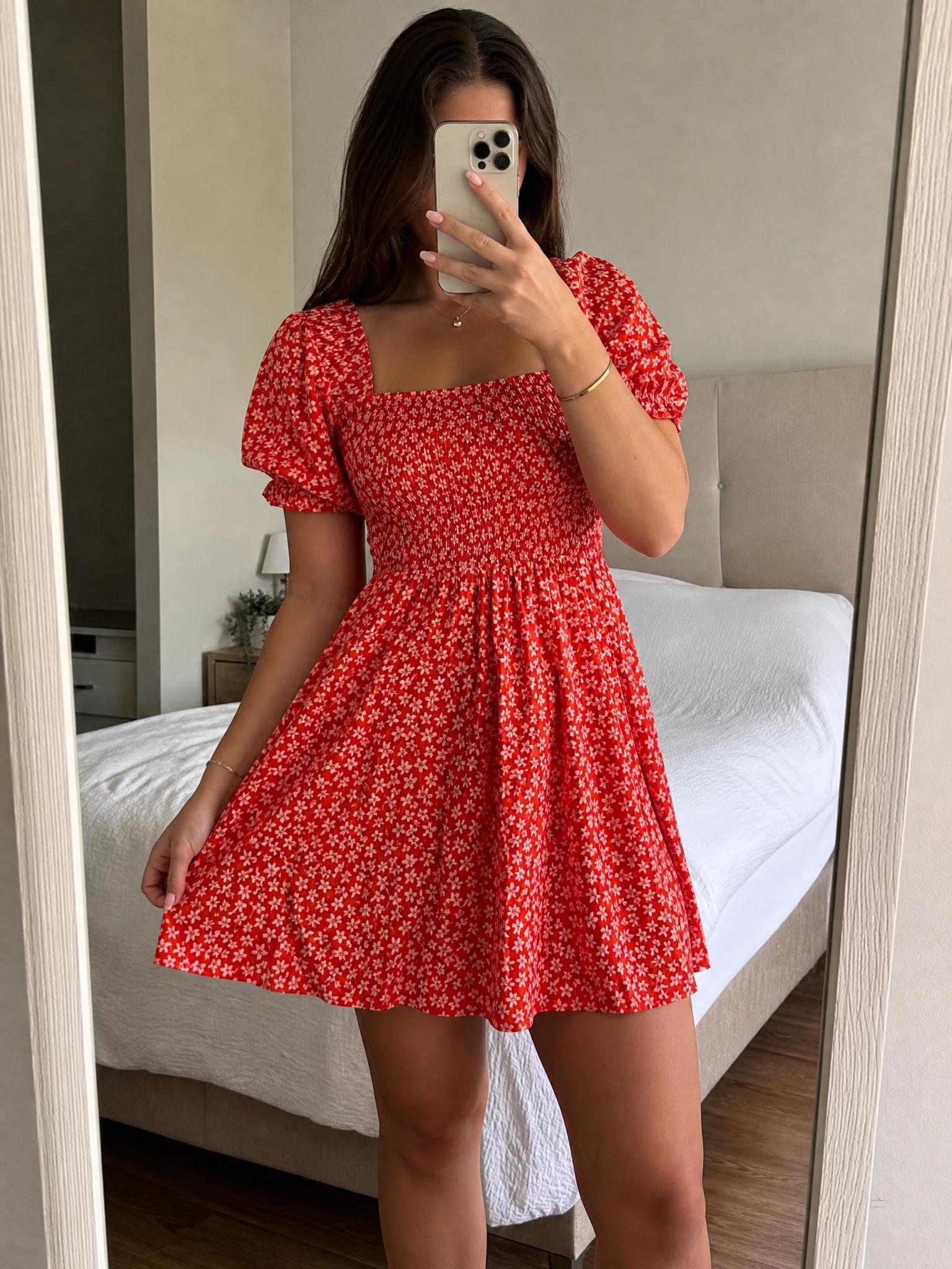 Influence red floral smocked puff sleeve mini dress new