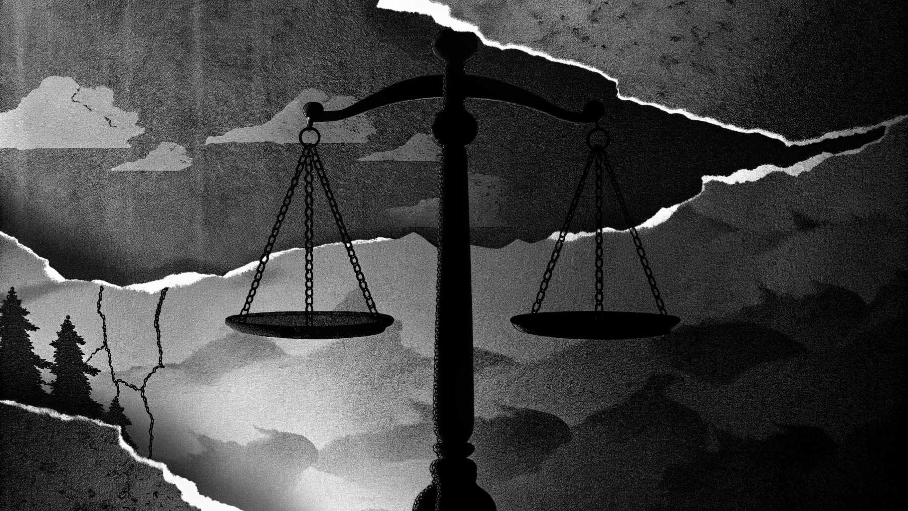 Illustration abstraite d’une Syrie fracturée avec des symboles de justice et de conflit