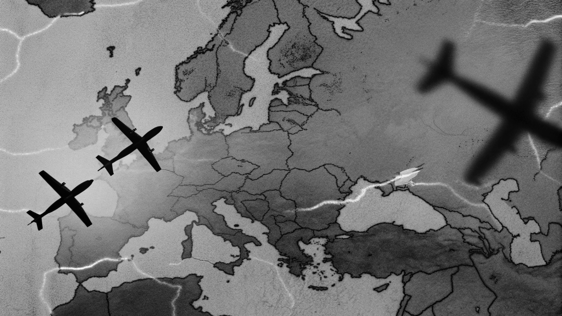 Illustration abstraite d’une carte de l’Europe et de l’Ukraine fragmentée, avec silhouettes de drones et lignes de radar