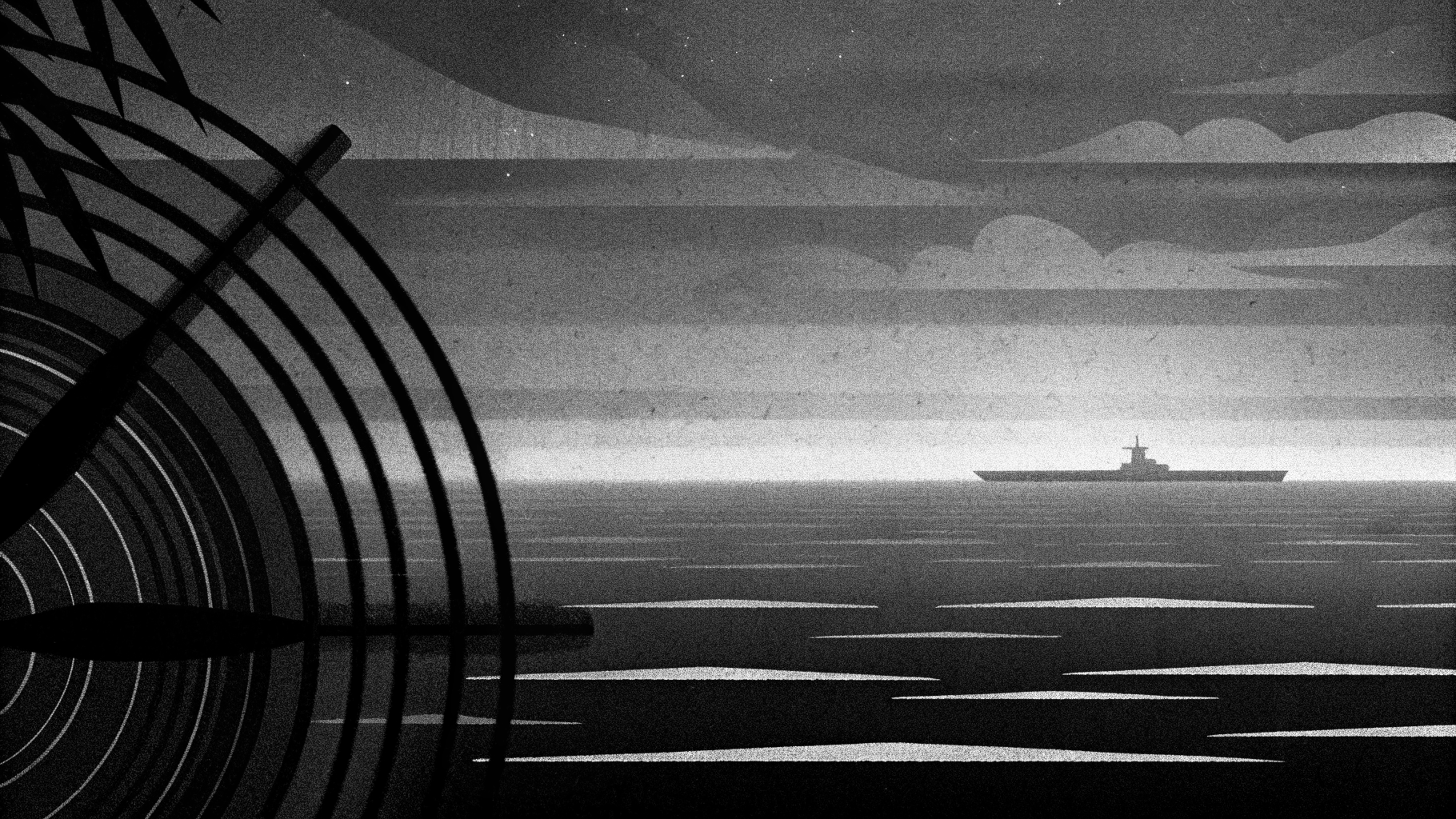 Illustration abstraite d’un porte-avions en mer dans une atmosphère de tension géopolitique