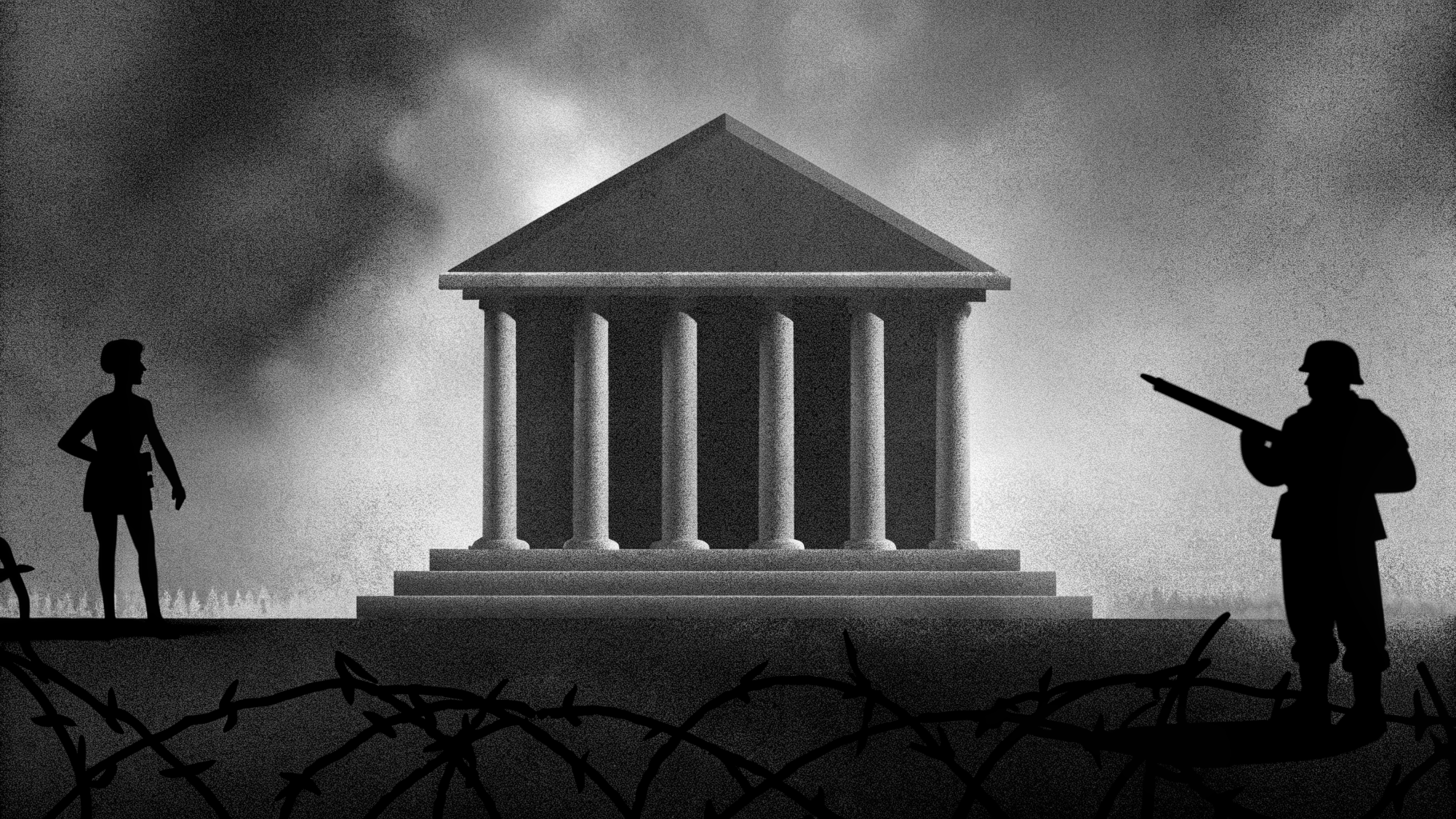 Illustration abstraite d'une salle d'audience liée à la guerre et à la répression politique en Russie