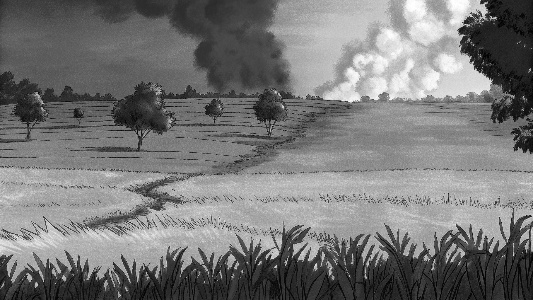 Illustration abstraite d’un paysage rural divisé par des tensions communautaires au Nigeria