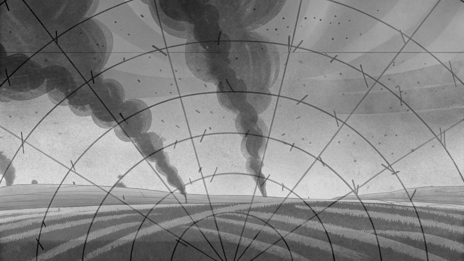 Illustration abstraite d’une guerre en Ukraine avec des lueurs urbaines, de la fumée et des lignes évoquant des drones
