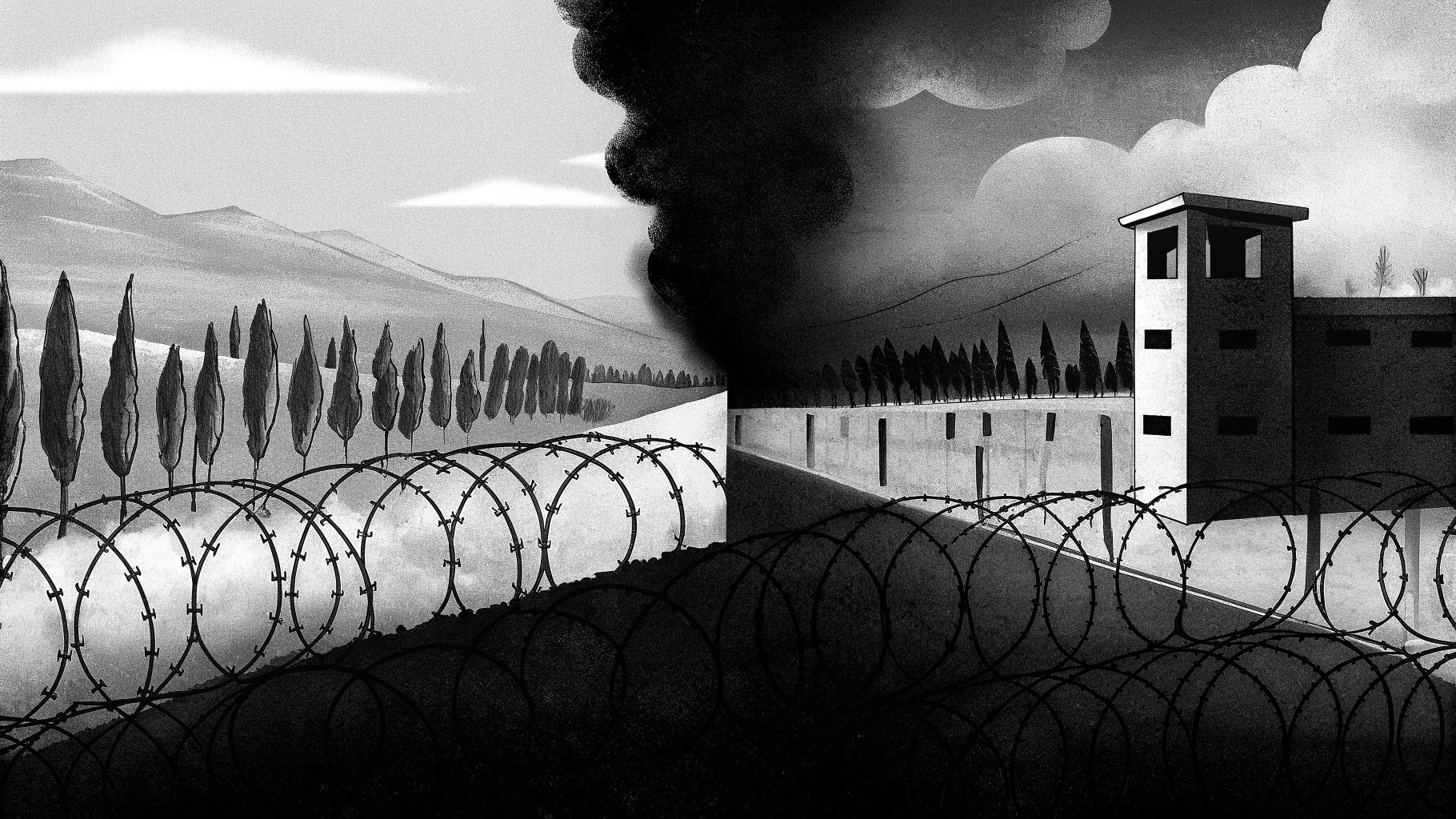 Illustration abstraite d’un Afghanistan sous contrôle taliban, avec des motifs de surveillance et de séparation sociale