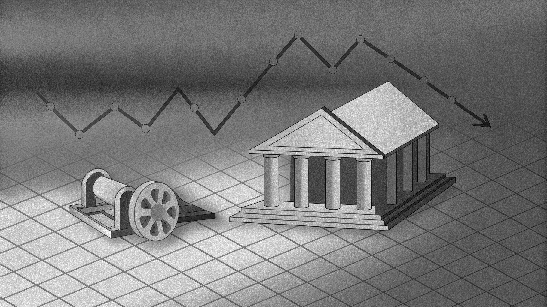 Illustration abstraite d’une réforme monétaire en Argentine avec une banque centrale stylisée et un graphique d’inflation