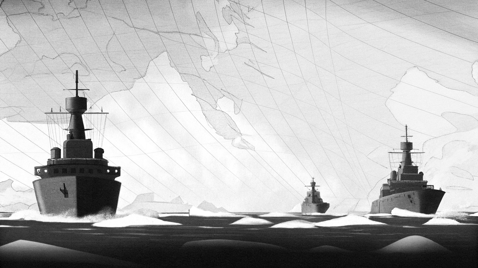 Illustration abstraite de frégates modernes en mer du Nord dans un contexte de réarmement