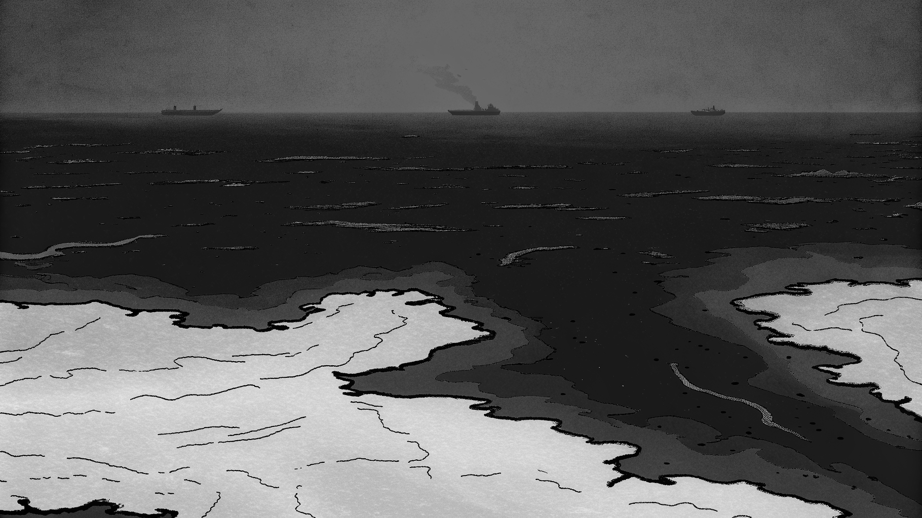 Illustration abstraite d’un cargo naviguant dans une route arctique sur fond de glace et d’océan sombre