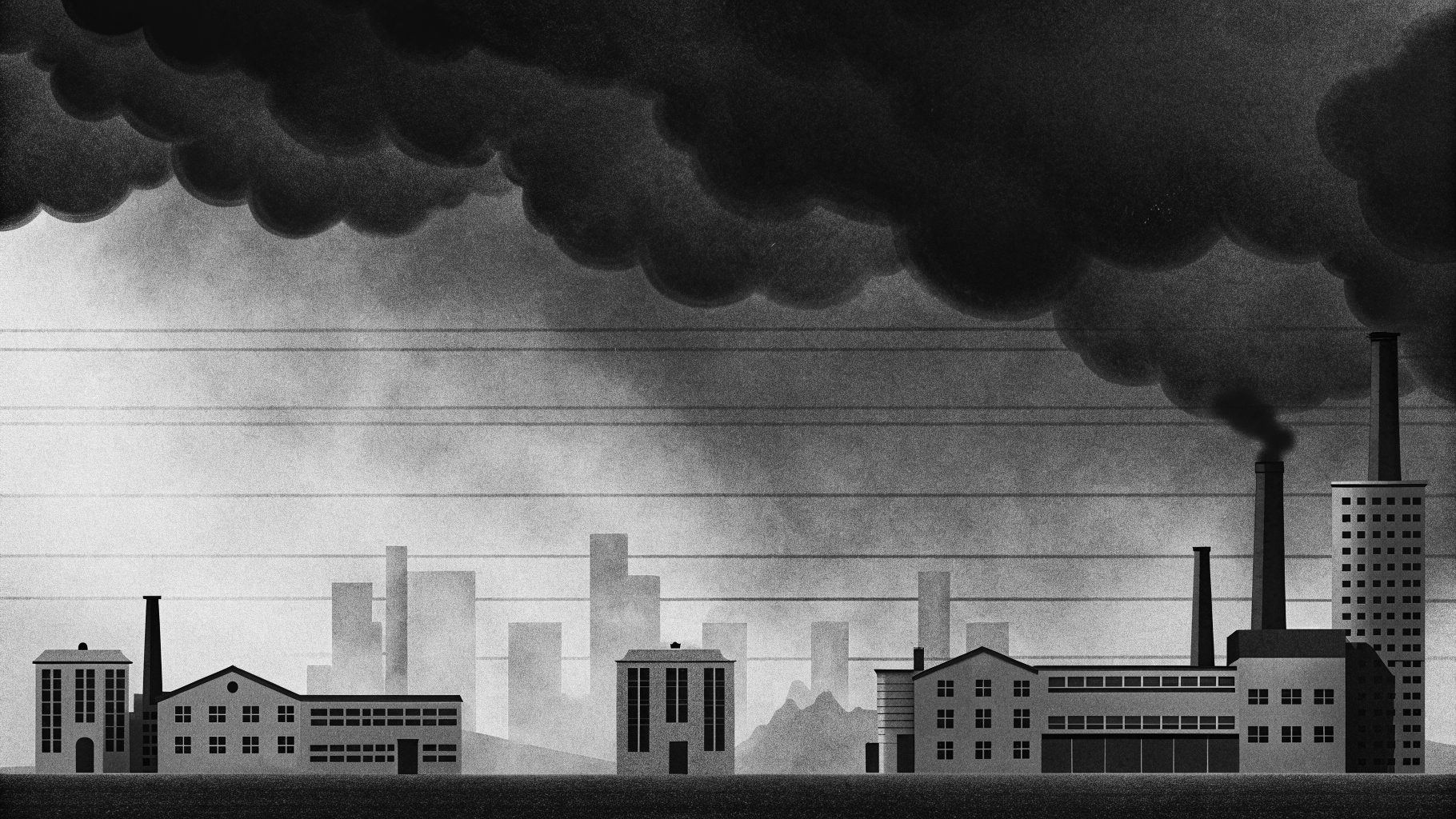 Illustration abstraite d’une économie française fragilisée, avec des nuages sombres au-dessus d’un paysage industriel et financier sobre