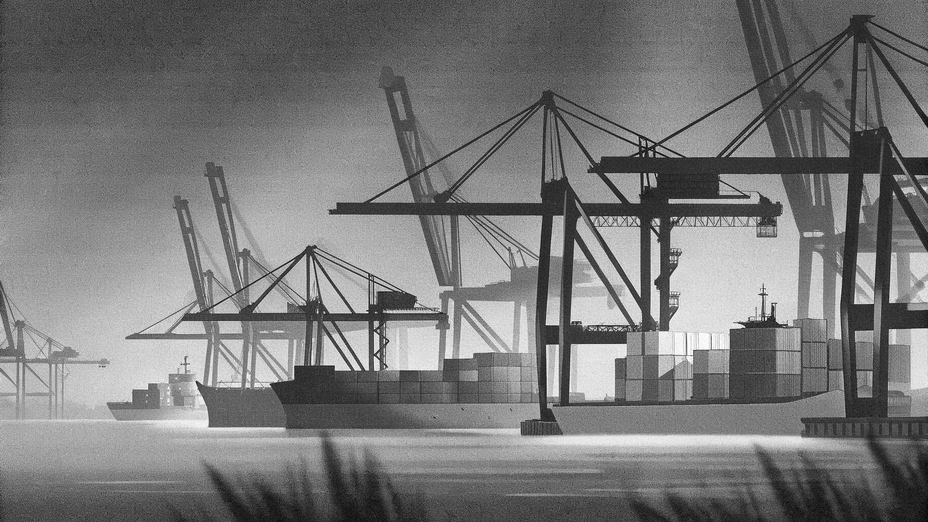 Illustration d’un port de fret méditerranéen avec des conteneurs et des grues, dans une ambiance sobre et éditoriale
